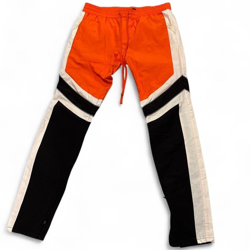 PacSun y2k style orange black color-block nylon joggers w zippered legs men's L
